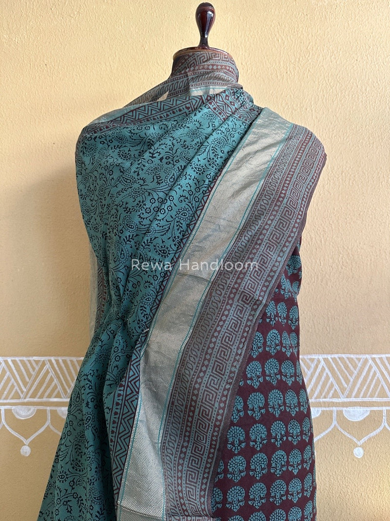 Maheshwari Brown-Sea Green Bagh Print Suit BSP0129