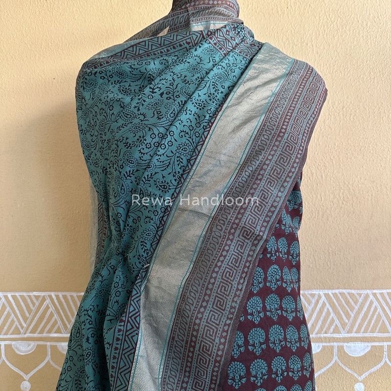 Maheshwari Brown-Sea Green Bagh Print Suit BSP0129