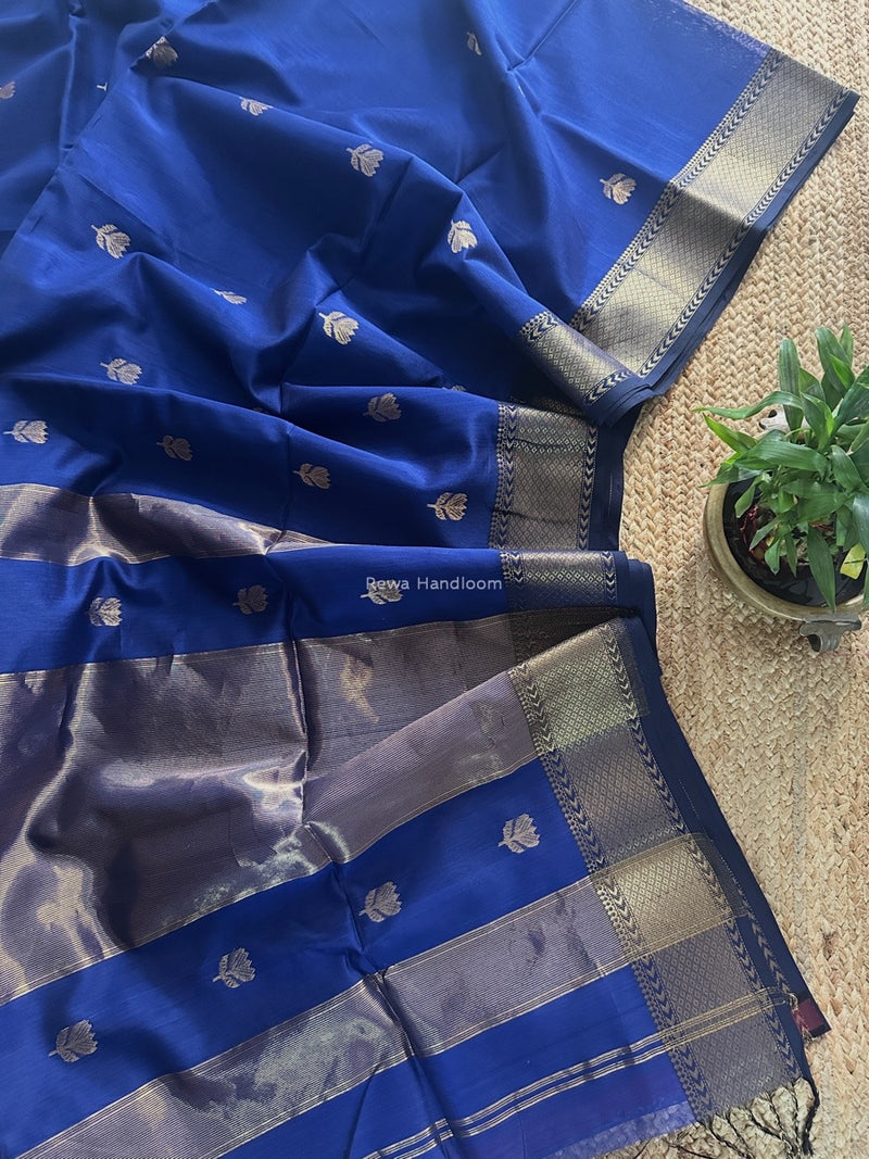 Blue Butta Zari Border Maheshwari Saree LLBS04