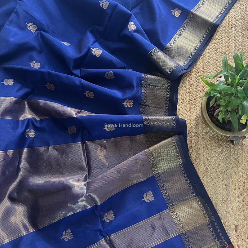 Blue Butta Zari Border Maheshwari Saree LLBS04