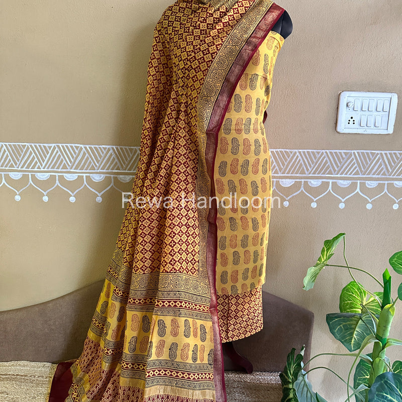 Maheshwari Yellow-Maroon Bagh Print Suit BSP039
