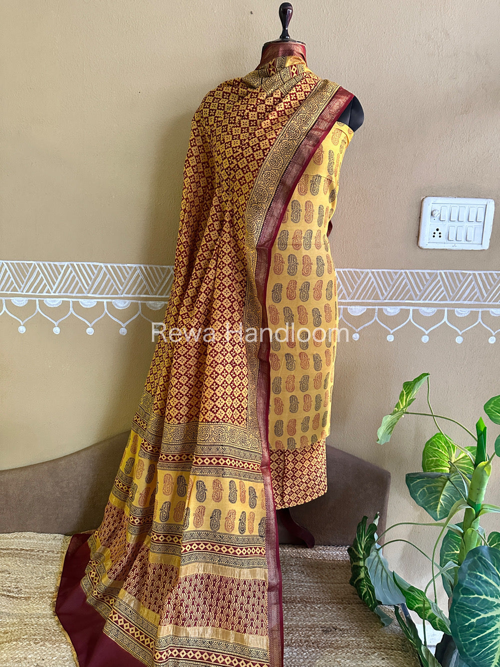 Maheshwari Yellow-Maroon Bagh Print Suit- BSP039