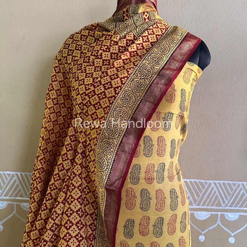 Maheshwari Yellow-Maroon Bagh Print Suit BSP039