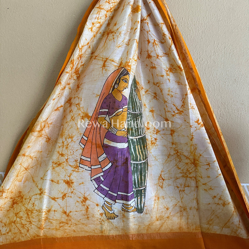 Maheshwari Mustard Yellow Hand painted Dupatta BT017