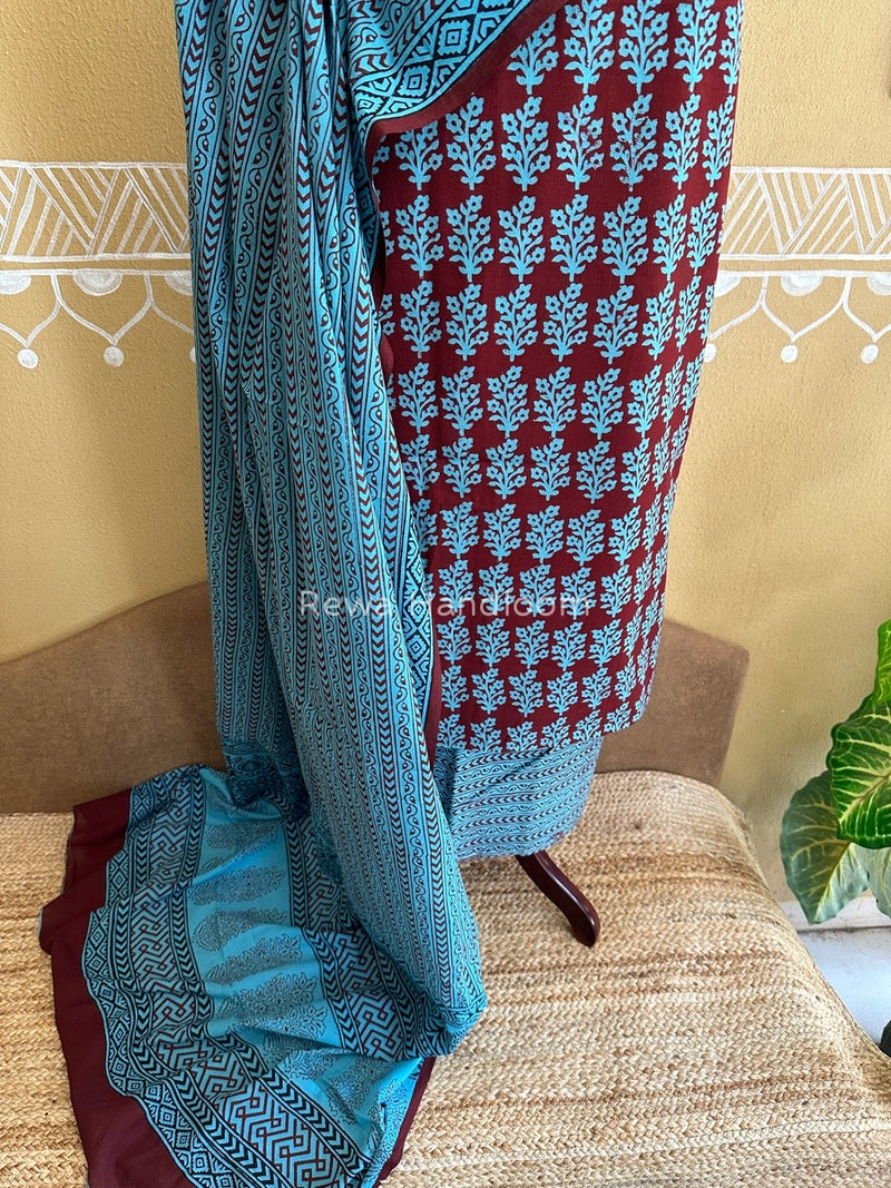 Maroon-Firozi Bagh Print Cotton Suit BCSP0125