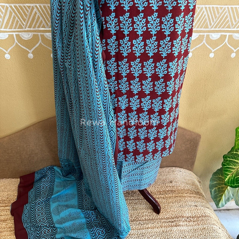 Maroon-Firozi Bagh Print Cotton Suit BCSP0125