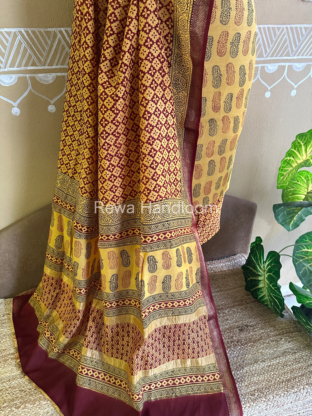 Maheshwari Yellow-Maroon Bagh Print Suit BSP039