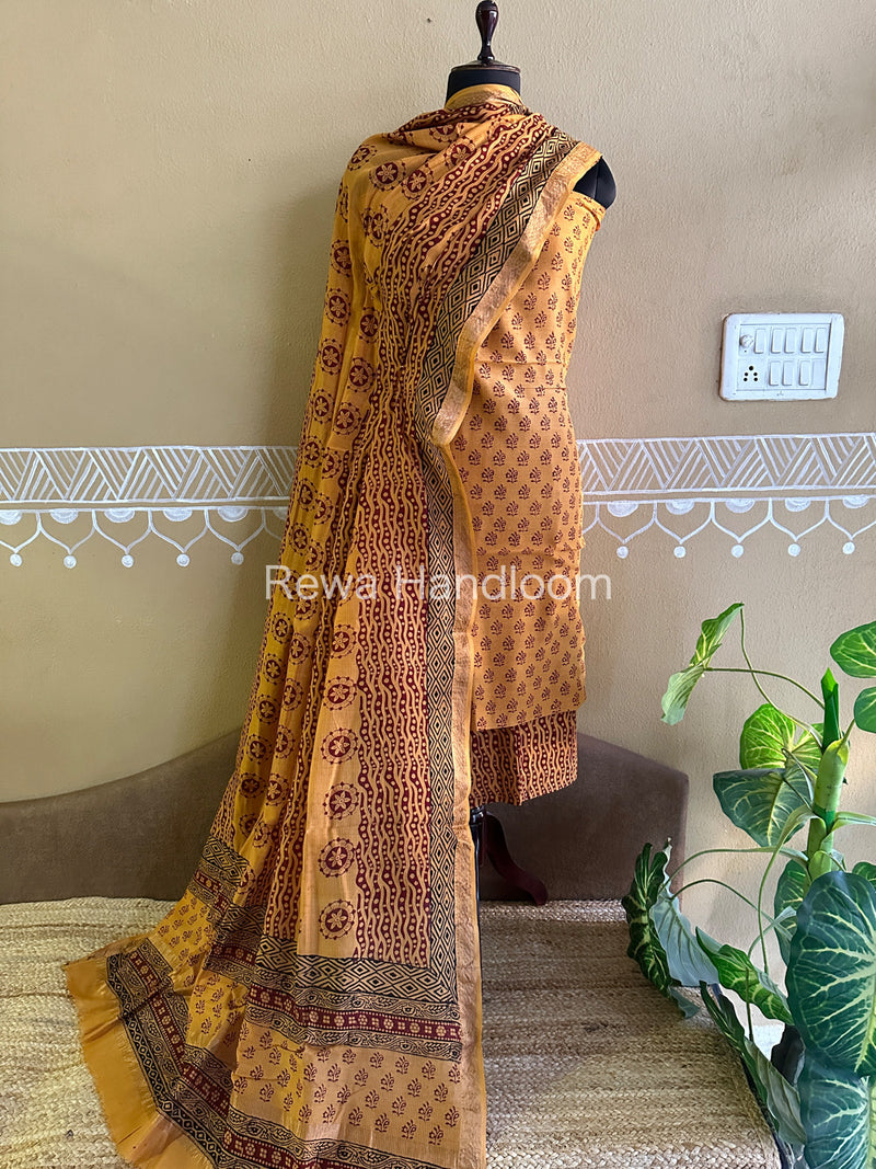 Maheshwari Yellow-Maroon Bagh Print Suit BSP0106