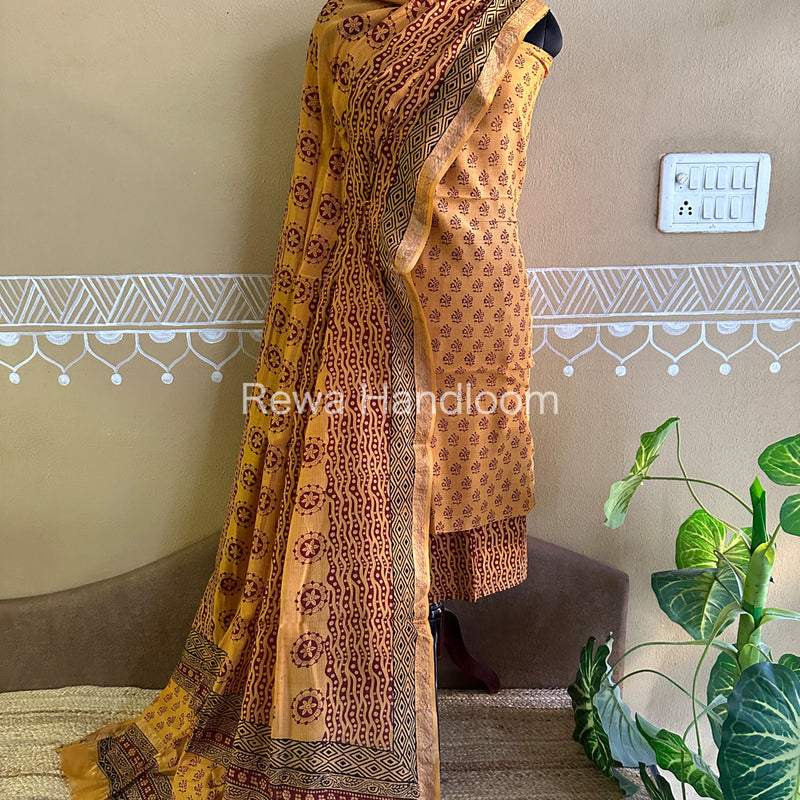 Maheshwari Yellow-Maroon Bagh Print Suit BSP0106