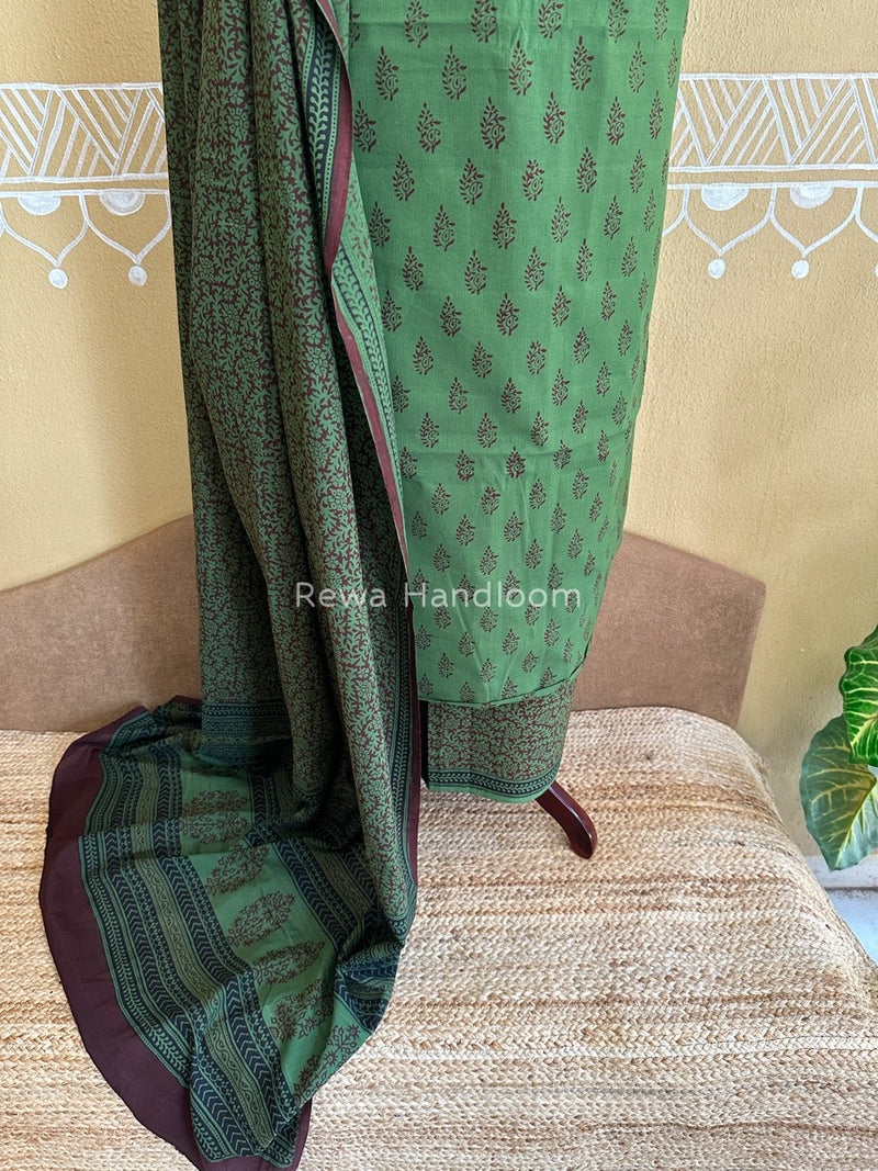 Green-Chocolate Brown Bagh Print Cotton Suit BCSP0126