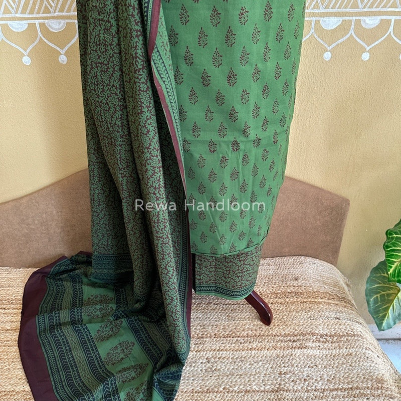 Green-Chocolate Brown Bagh Print Cotton Suit BCSP0126