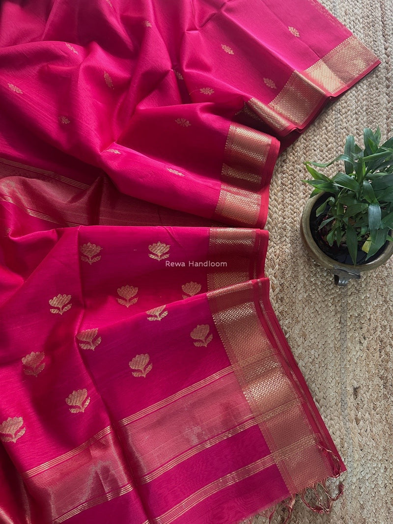 Rani Pink Butta Zari Border Maheshwari Saree LBS041