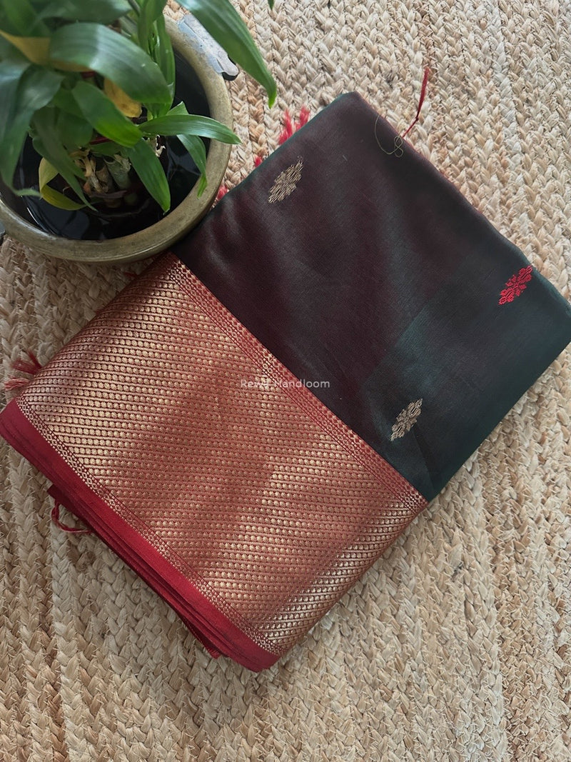 Bottle Green Butta Zari Border Maheshwari Saree LBS043