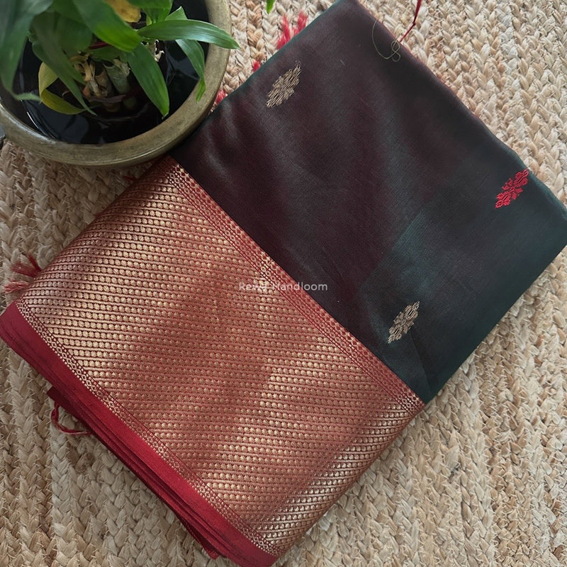 Bottle Green Butta Zari Border Maheshwari Saree LBS043