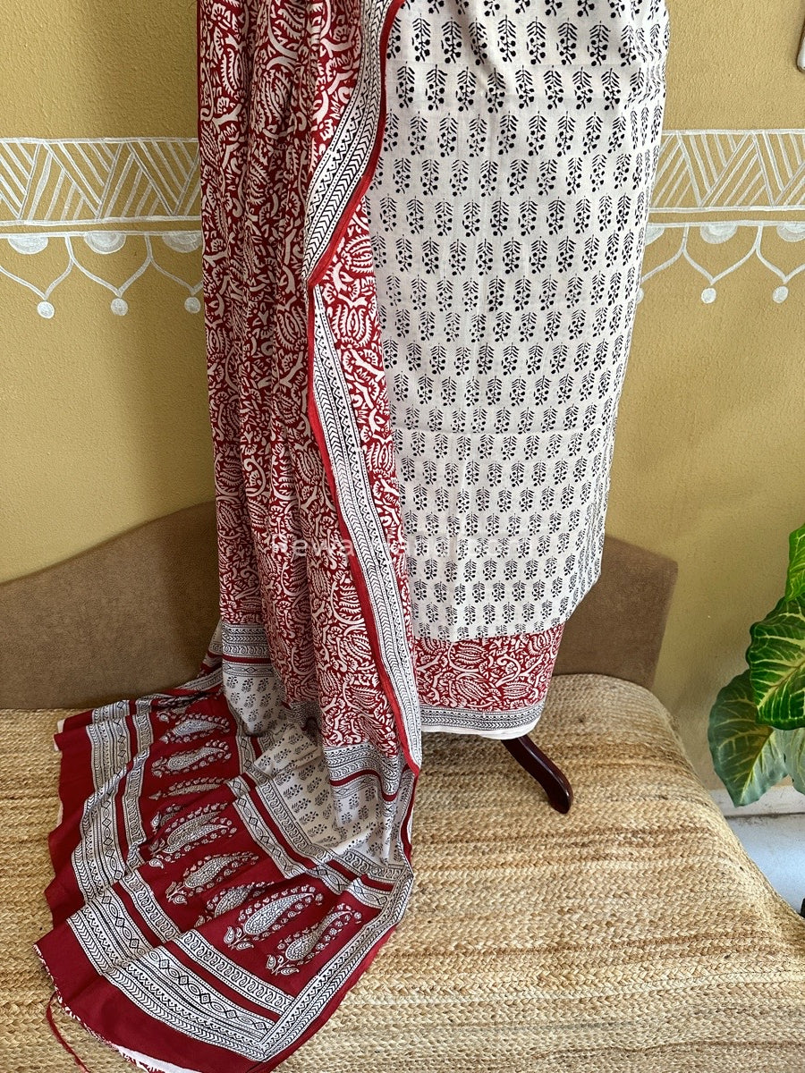 White-Maroon Bagh Print Cotton Suit BCS001