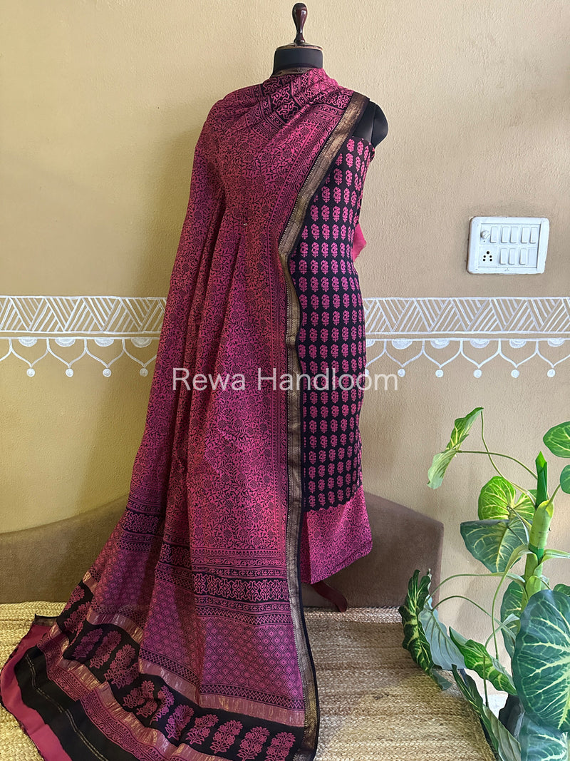 Maheshwari Black-Rani Pink Bagh Print Suit BSP044