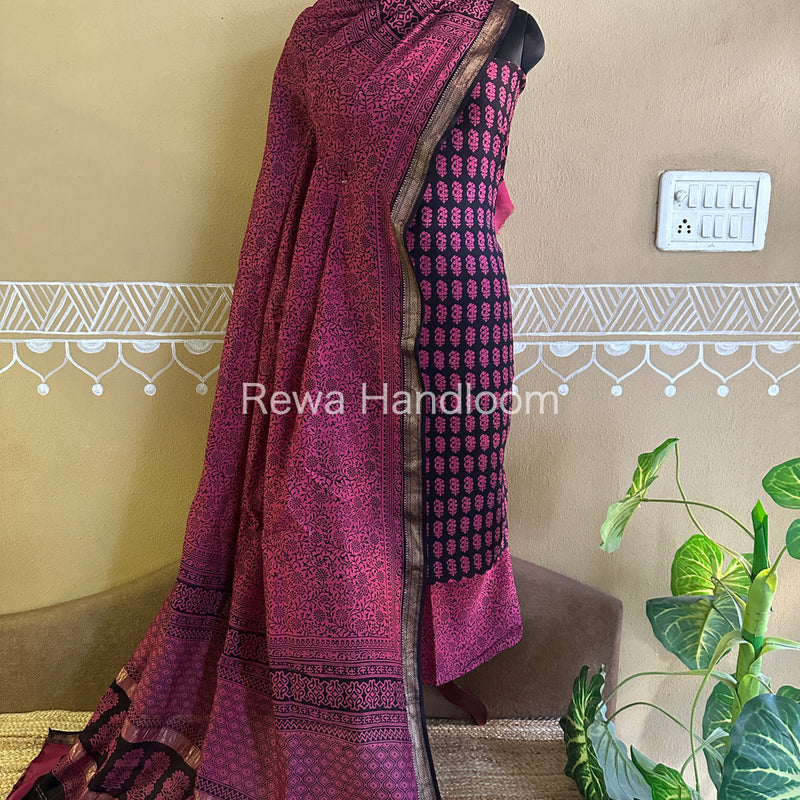 Maheshwari Black-Rani Pink Bagh Print Suit BSP044