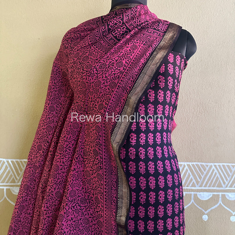 Maheshwari Black-Pink Bagh Print Suit BSP023