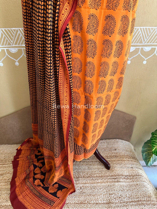 Orange-black Bagh Print Cotton Suit BCS002