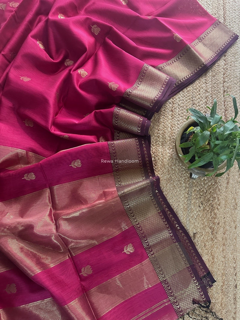 Rani Pink Butta Zari Border Maheshwari Saree LLBS010
