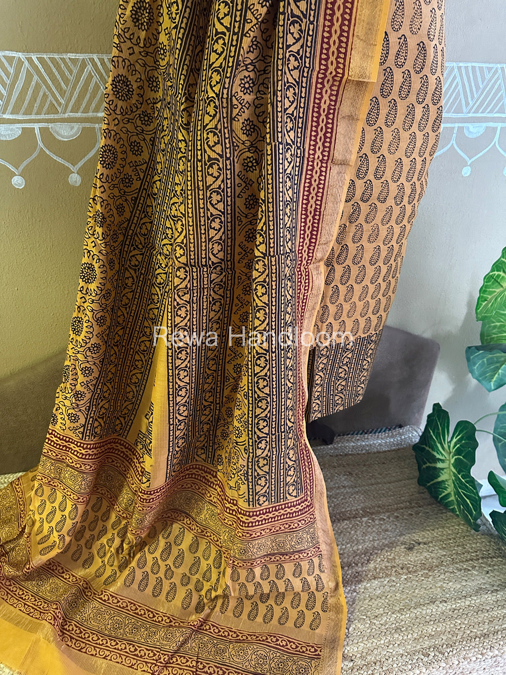 Maheshwari Yellow-Black Bagh Print Suit- BSP0107