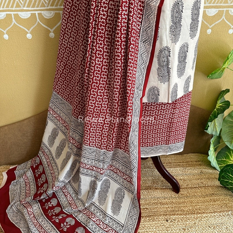 White-Maroon Bagh Print Cotton Suit BCS005