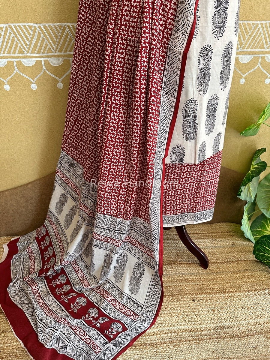 White-Maroon Bagh Print Cotton Suit BCS005