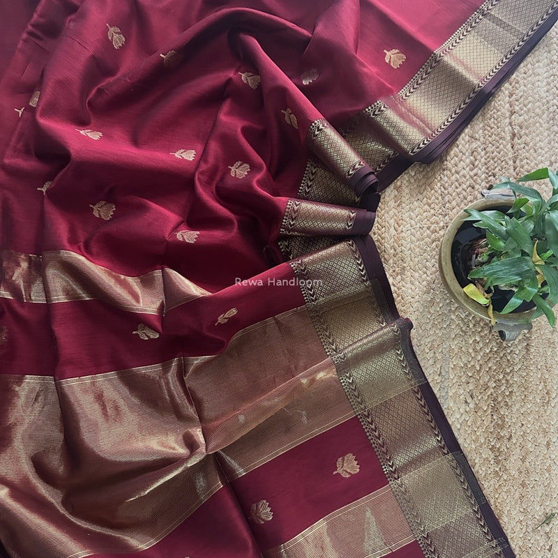 Maroon Butta Zari Border Maheshwari Saree LLBS08
