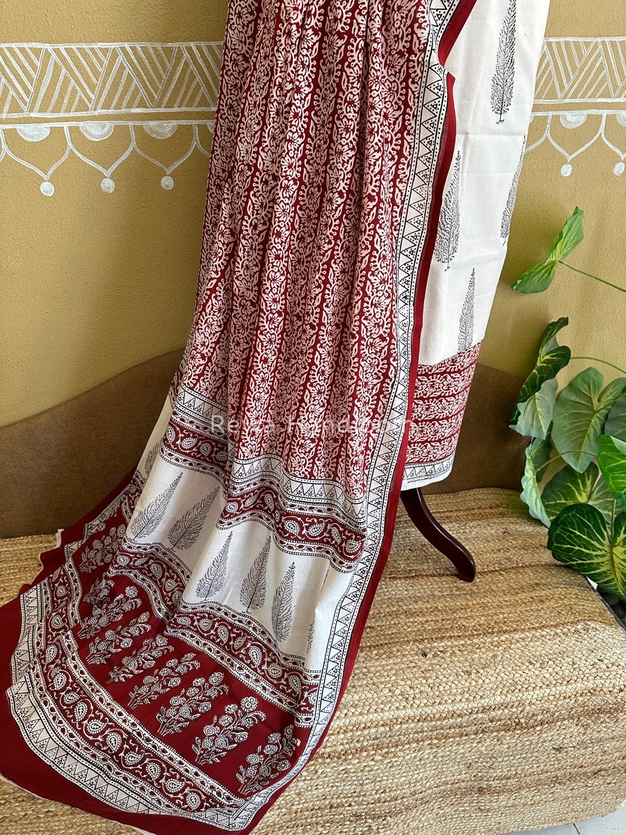 White-Maroon Bagh Print Cotton Suit BCS0011