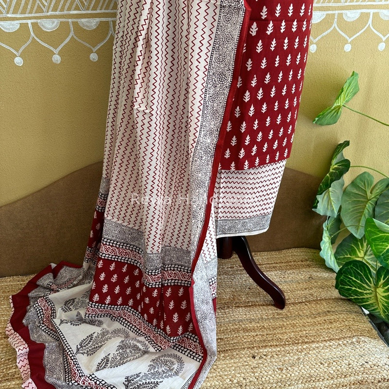 Maroon-White Bagh Print Cotton Suit BCS008