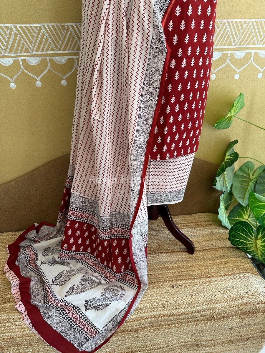 Maroon-White Bagh Print Cotton Suit BCS008