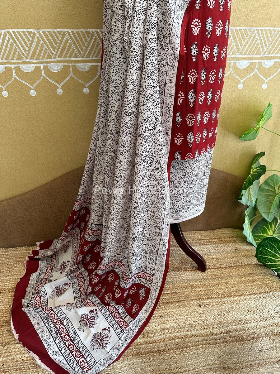 Maroon-White Bagh Print Cotton Suit BCS0012