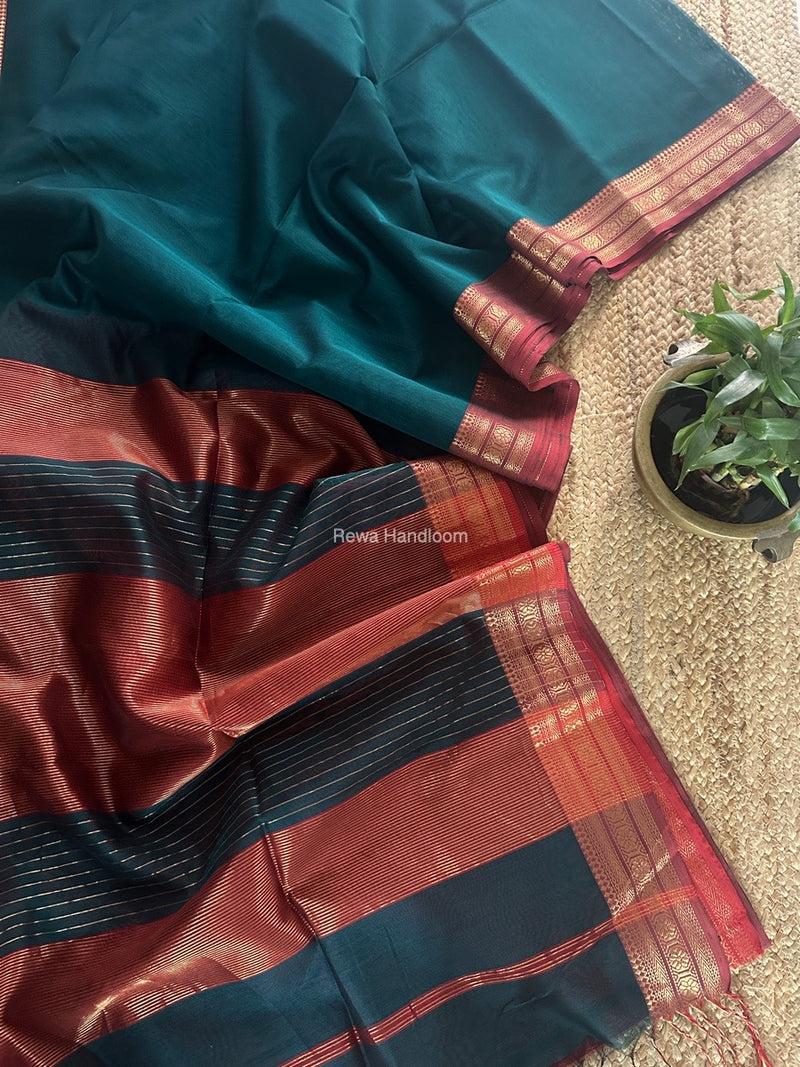 Maheshwari Rama Green Zari Border Plain Saree ZSBS027