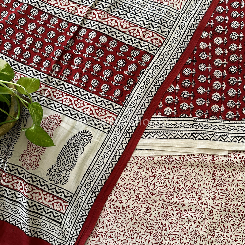 Red-White Bagh Print Cotton Suit-BCS30