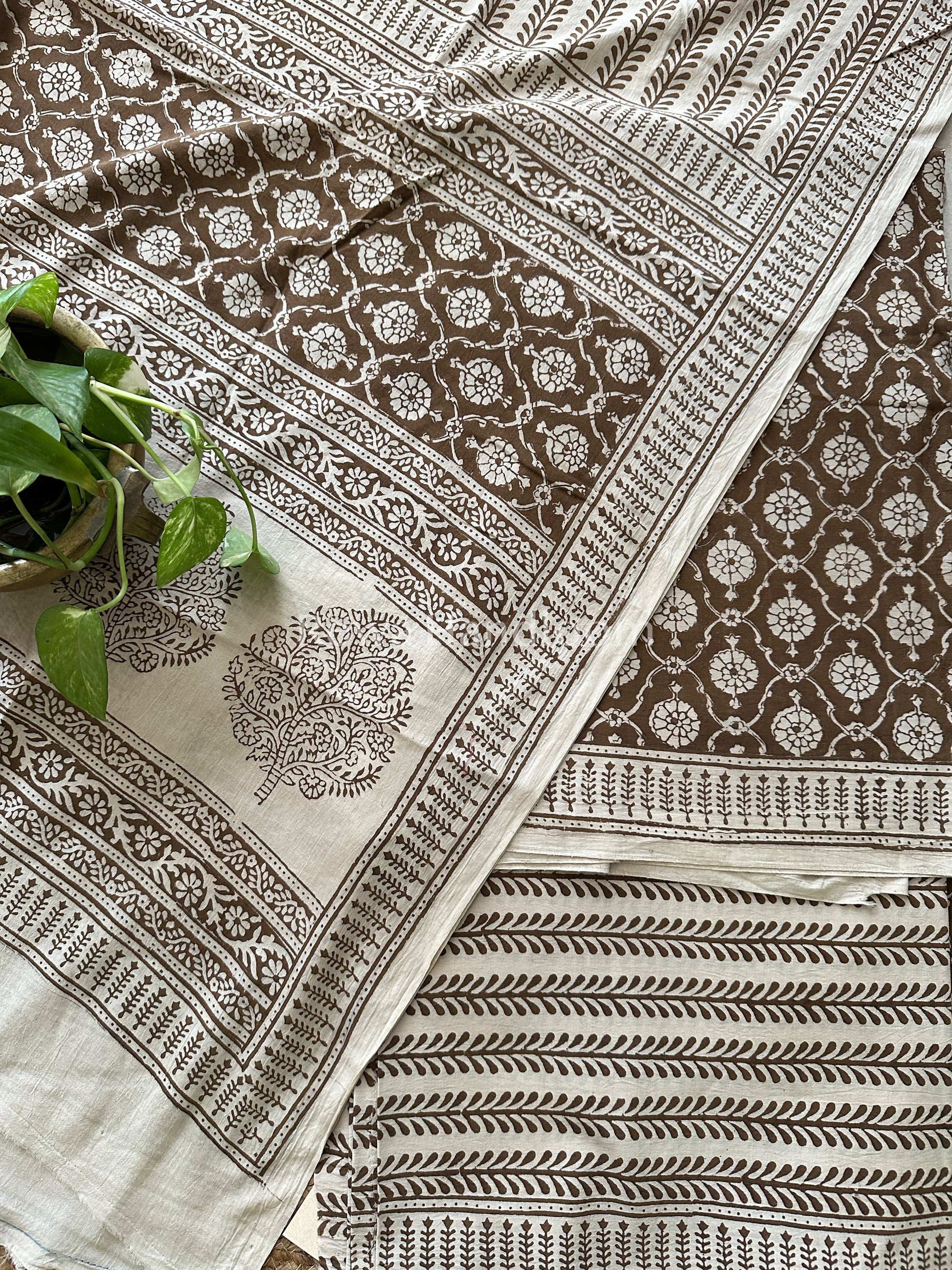 Light Brown- Off white Bagh Print Cotton Suit-BCS33 