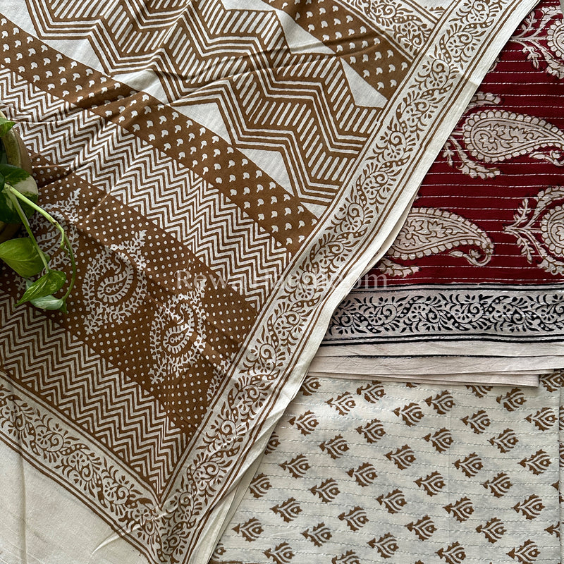 Red-White Bagh Print Cotton Suit-BCS34