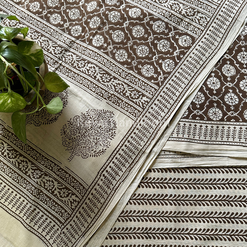 Brown- Offwhite Bagh Print Cotton Suit-BCS36