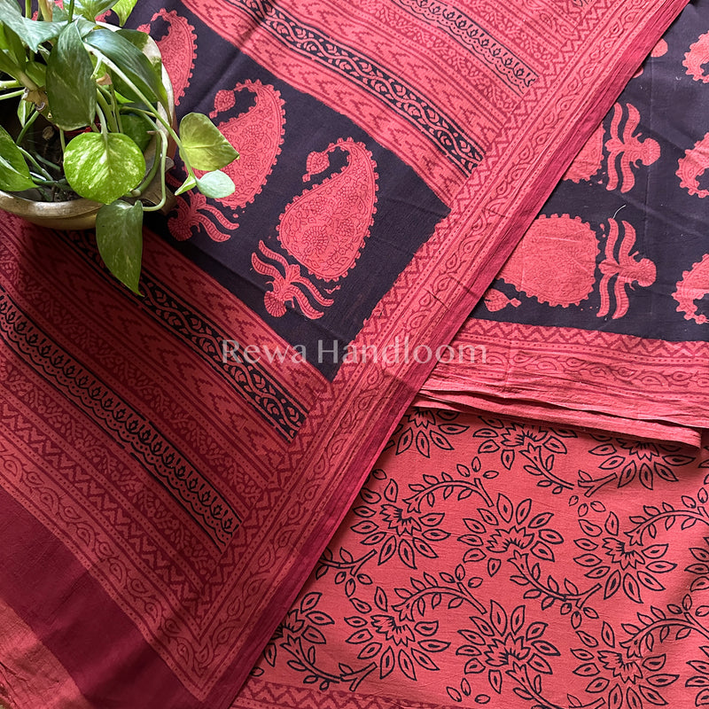 Peach Red- Black Bagh Print Cotton Suit-BCS37