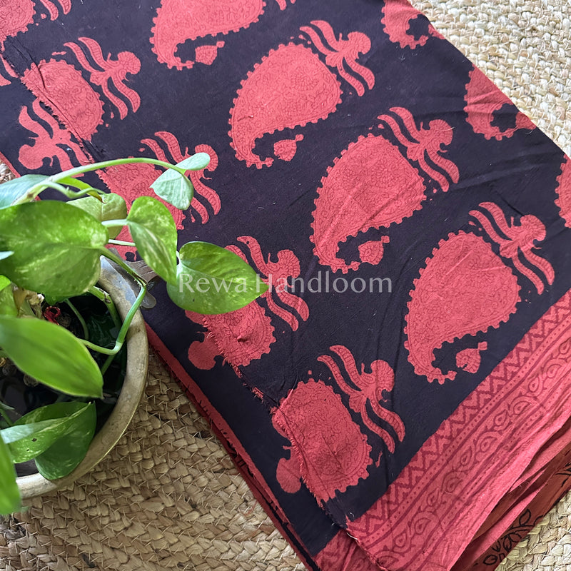 Peach Red- Black Bagh Print Cotton Suit-BCS37
