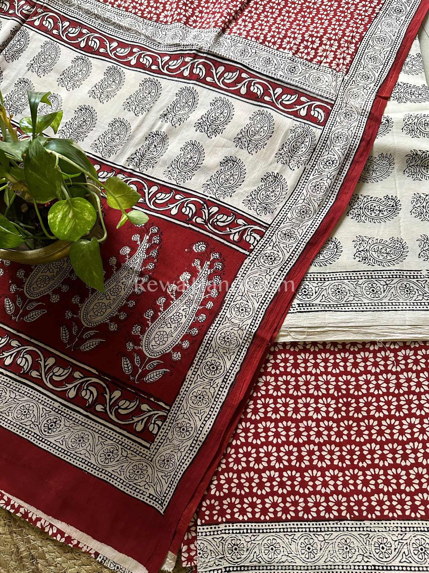 White- Red Bagh Print Cotton Suit-BCS38