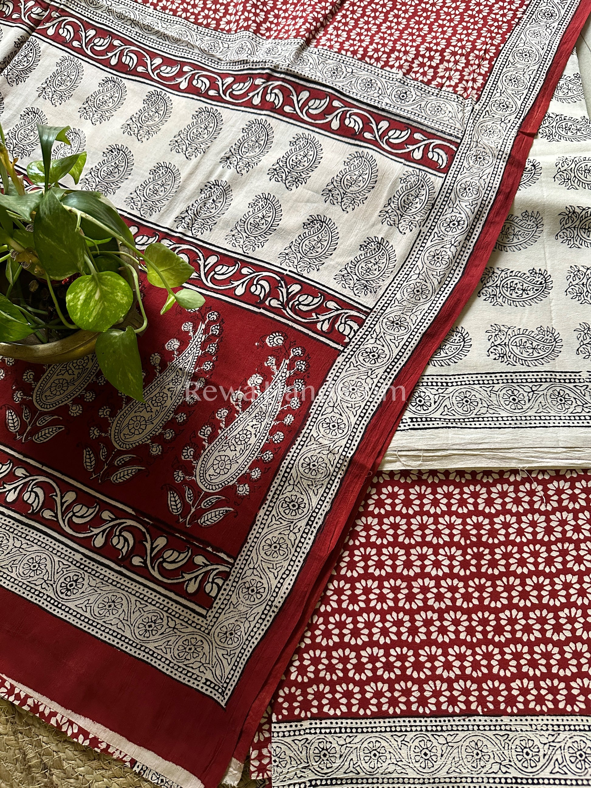 White- Red Bagh Print Cotton Suit-BCS38