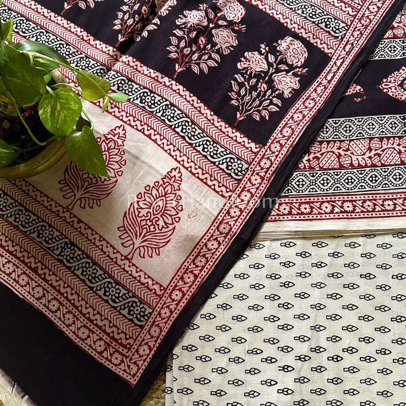 Black- White Bagh Print Cotton Suit-BCS39