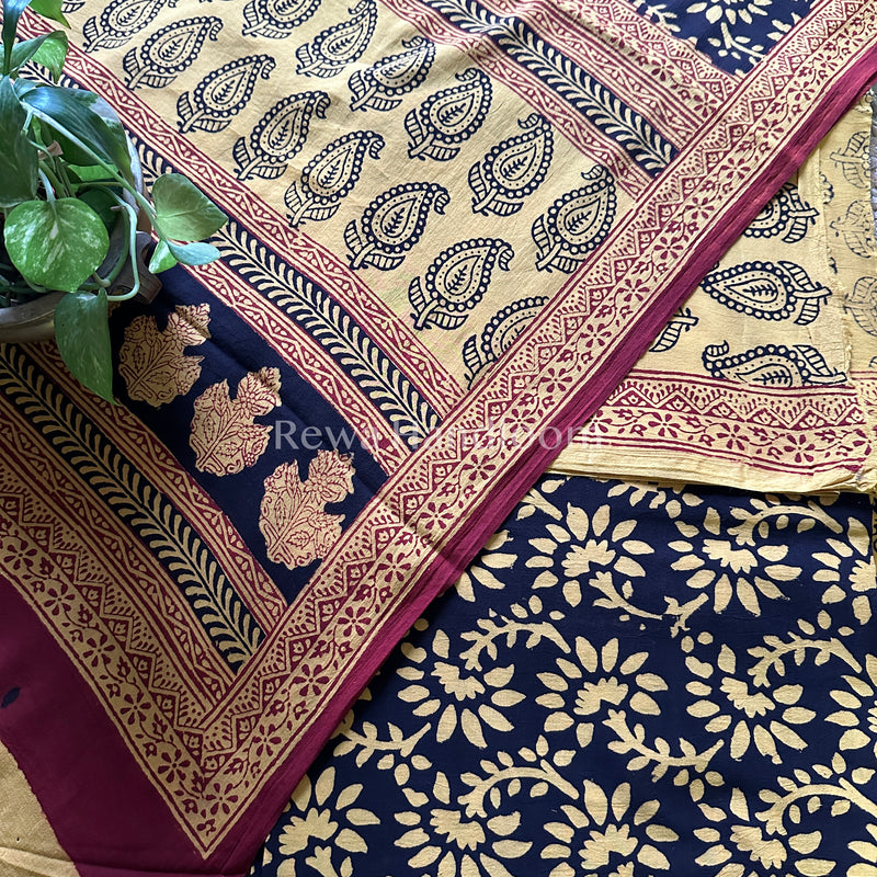 Yellow- Black Bagh Print Cotton Suit-BCS40