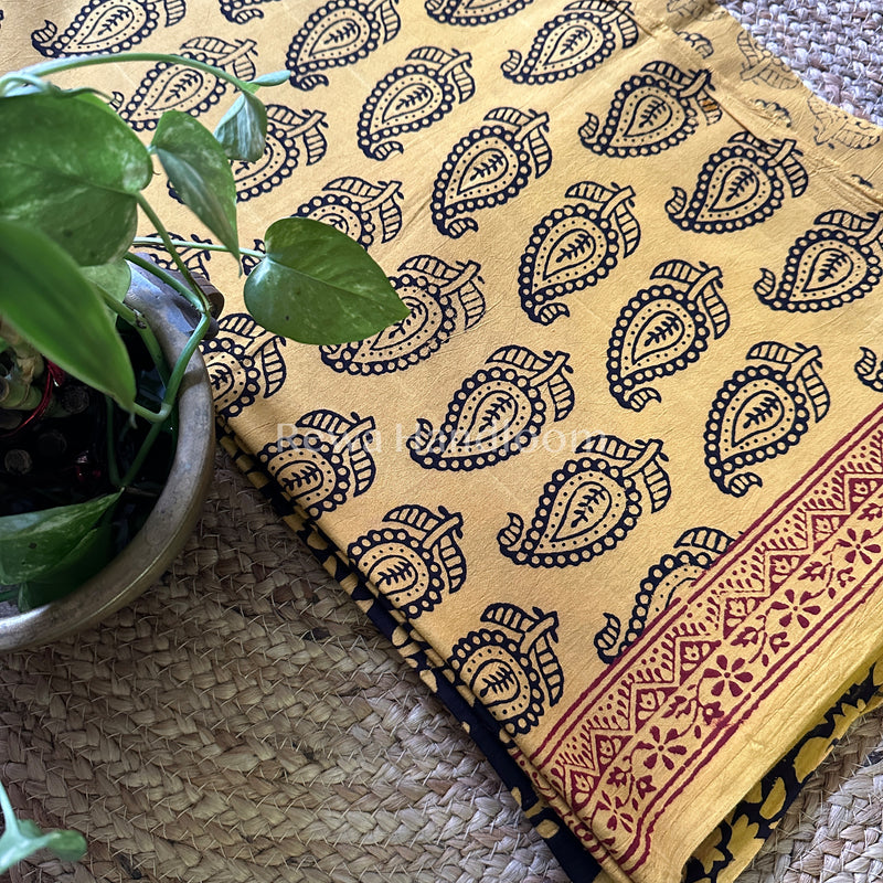 Yellow- Black Bagh Print Cotton Suit-BCS40