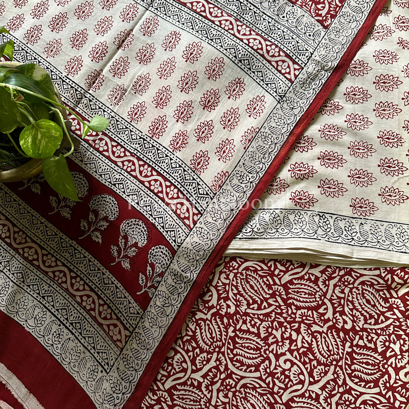 White-Red Bagh Print Cotton Suit-BCS41