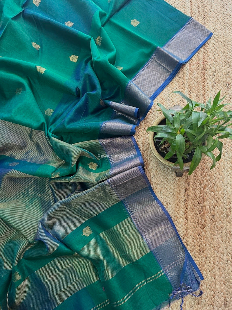 Green Butta Zari Border Maheshwari Saree LBSS03