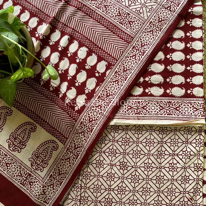 White-Red Bagh Print Cotton Suit with Aami Butta- BCSP48