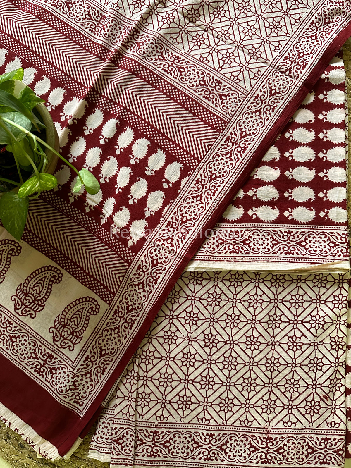 White-Red Bagh Print Cotton Suit with Aami Butta- BCSP48