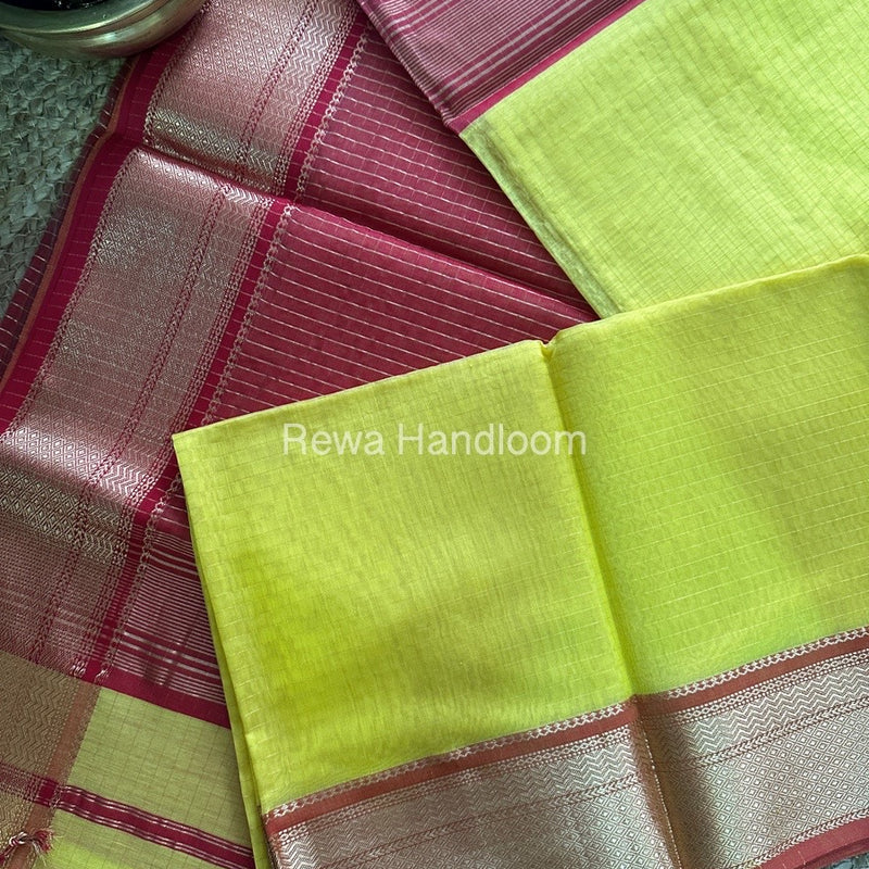 Maheshwari Lemon Yellow Zari Linning Saree GL021