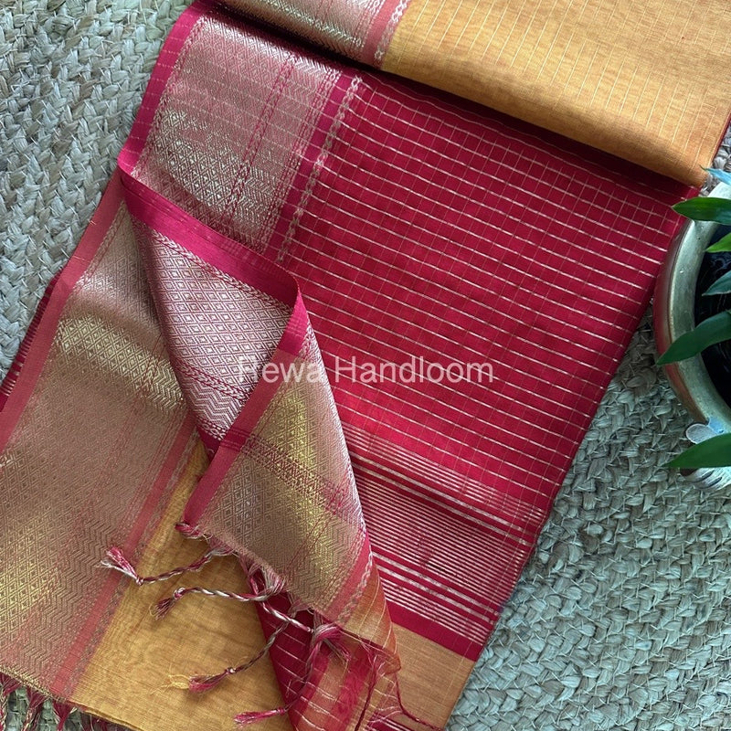Maheshwari Mustard Orange Zari Linning Saree GL023